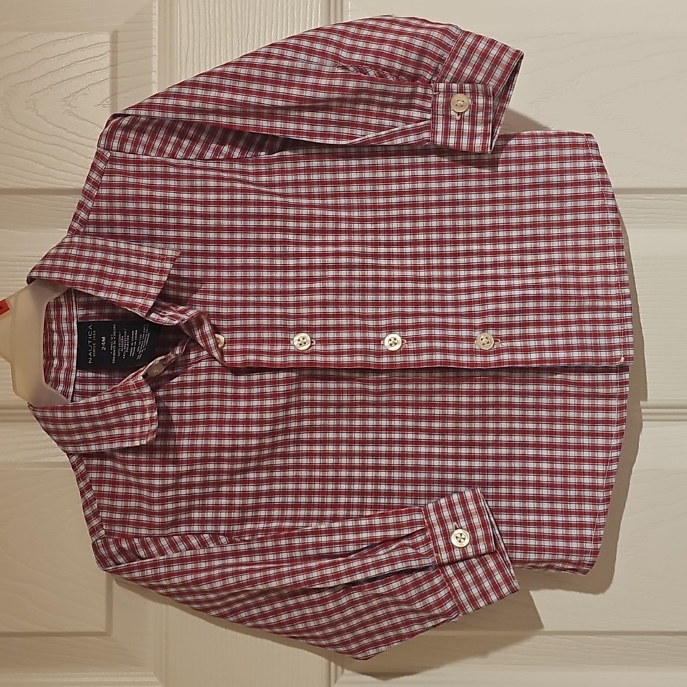 Nautica 24 Months Button Down Long Sleeve Shirt Red White Checkered Used